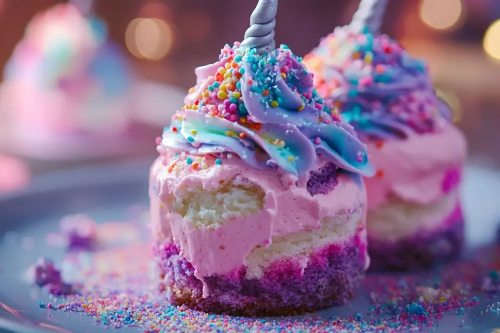 Whimsical mini unicorn cakes with pastel pink and purple frosting swirls, colorful sprinkles, and a silver unicorn horn topper.