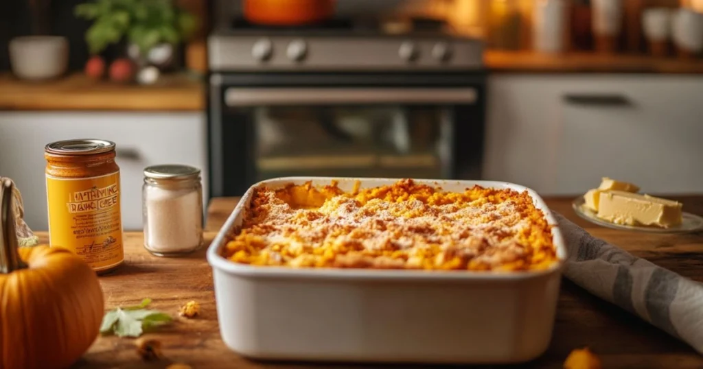 A freshly prepared pumpkin dump cake in a white baking dish on a wooden countertop, surrounded by ingredients like a can of pumpkin puree, butter, and spices, with a cozy kitchen oven in the background.