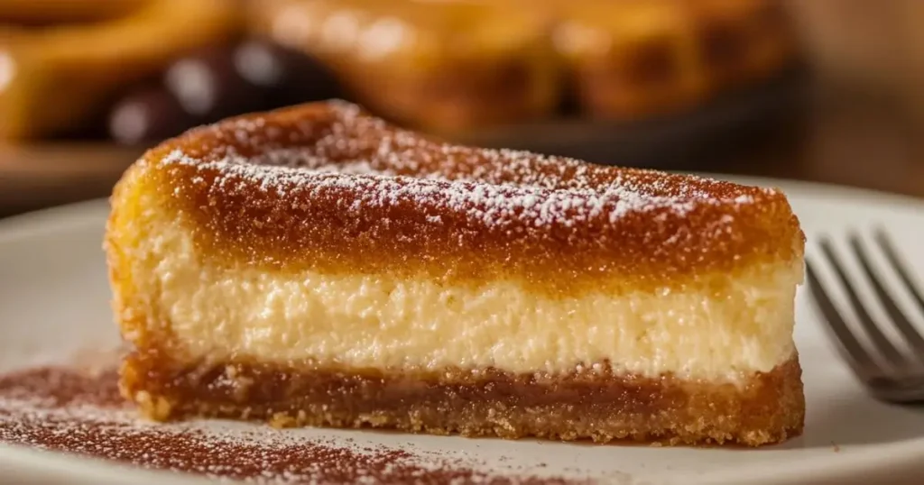 A slice of churro cheesecake with a golden-brown cinnamon-sugar crust, creamy cheesecake center, and a dusting of powdered sugar on top, served on a plate with a fork.