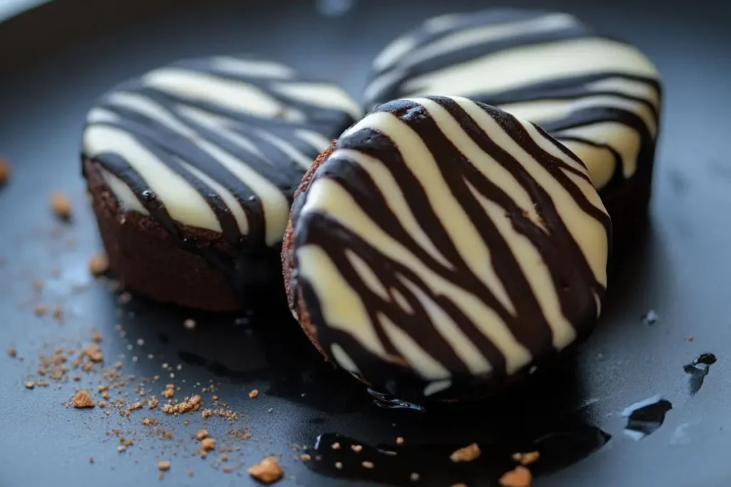 Three mini zebra cakes with chocolate and vanilla stripes, drizzled with chocolate glaze, placed on a dark plate with crumbs scattered around.