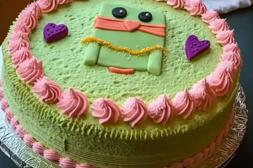 A vibrant green cake with a whimsical design, featuring a green rectangular character with large black eyes, a pink heart-shaped nose, and orange decorative details. The border is adorned with pink piped frosting rosettes, and the cake is accented with purple heart decorations.