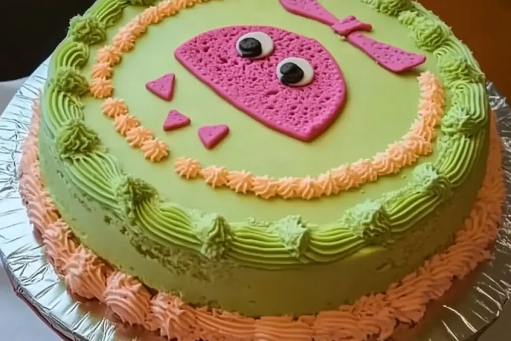 A vibrant green cake featuring a pink semi-circle character with big black-and-white eyes, a bow, and triangular accents. The cake is decorated with green and orange piped frosting borders and a pink rosette trim along the base.