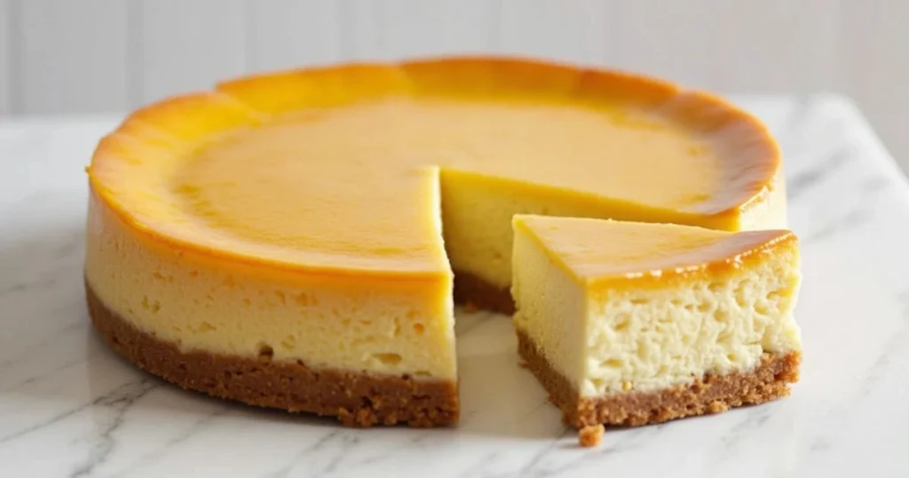 A perfectly baked New York cheesecake with a rich, creamy texture and a golden brown top, displayed with a slice removed to reveal the smooth interior.