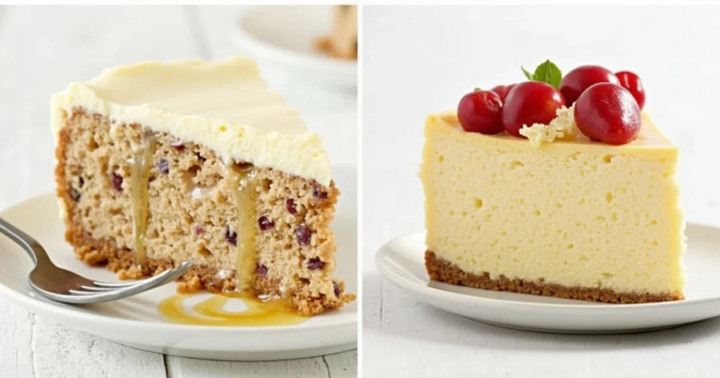 Two slices of cheesecake: New York cheesecake topped with cherries on the right and a classic cheesecake with caramel drizzle on the left.