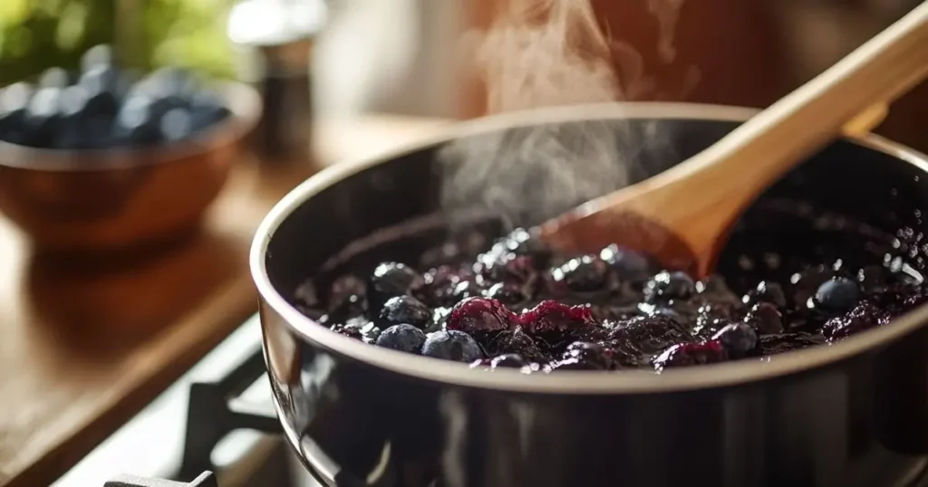 A pot of blueberry compote simmering on a stovetop, with a wooden spoon stirring the mixture. Steam rises gently, and a bowl of fresh blueberries is visible in the background.