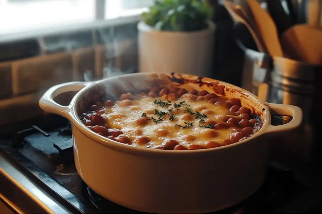 A steaming casserole of baked beans topped with melted cheese and garnished with fresh thyme, placed on a stovetop with kitchen utensils in the background.