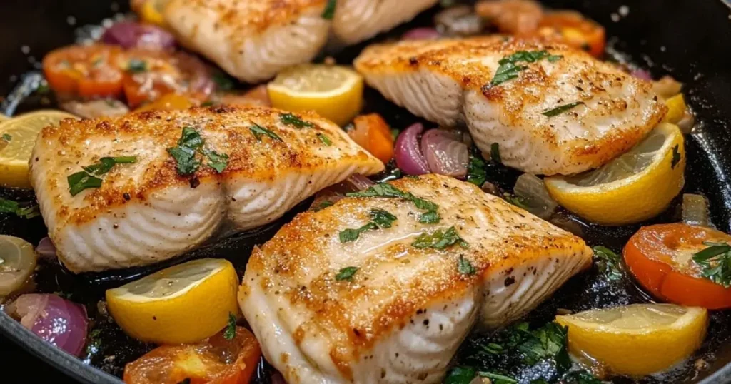 Golden-brown pan-seared rockfish fillets garnished with parsley, served with lemon wedges, cherry tomatoes, and sautéed onions in a skillet.