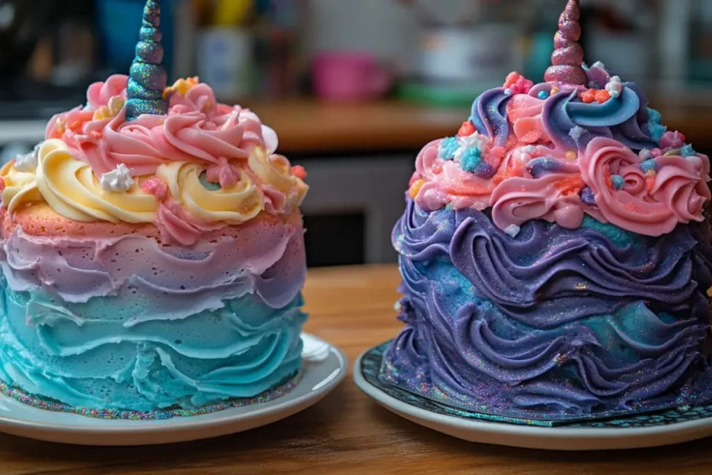 Two unicorn-themed layer cakes featuring pastel frosting gradients in blue, pink, and purple shades, topped with glittery swirls, candy sprinkles, and sparkling unicorn horns.