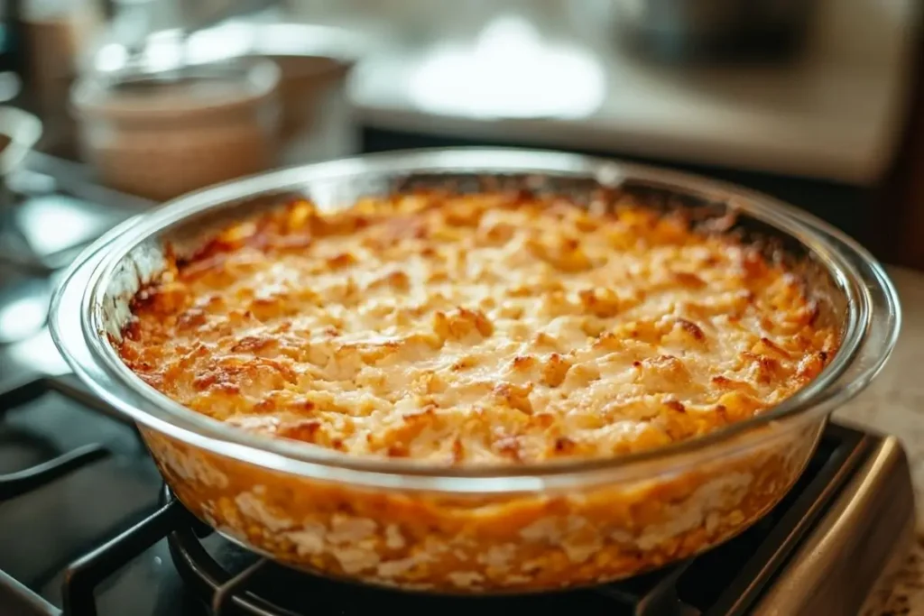 A freshly baked Ruth Chris sweet potato casserole with a golden, caramelized topping, served in a round glass dish on a stovetop.