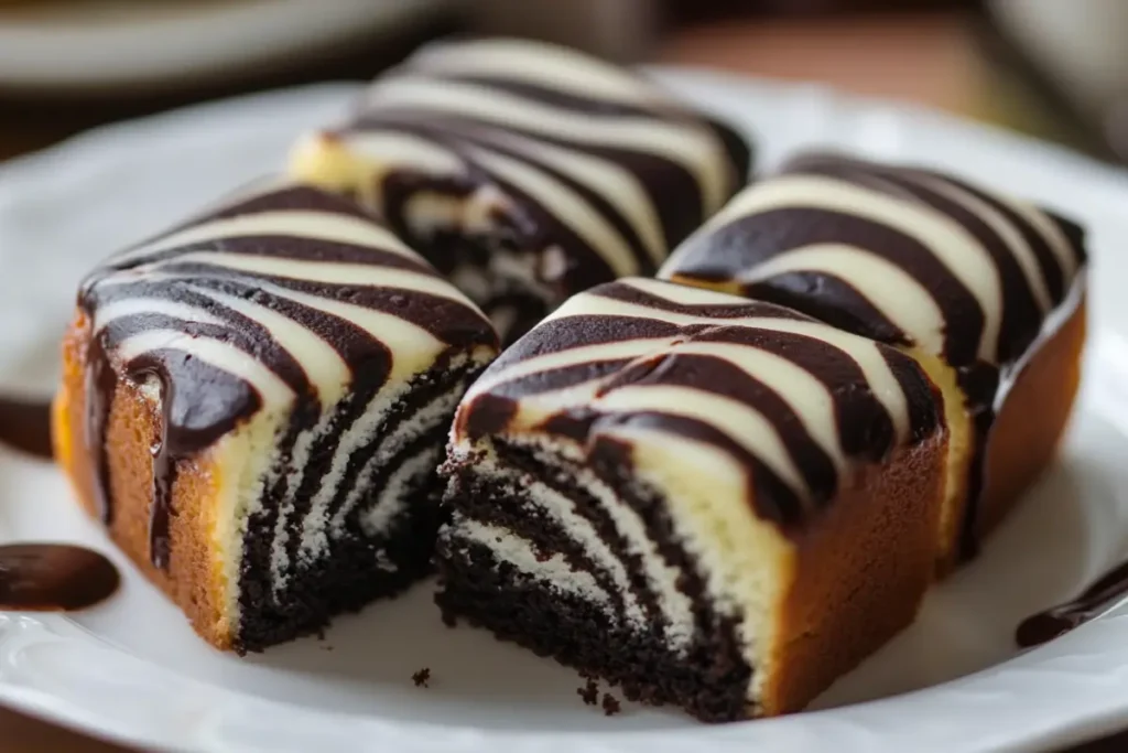 Close-up of beautifully baked zebra cake slices with alternating chocolate and vanilla stripes, topped with a glossy chocolate glaze.