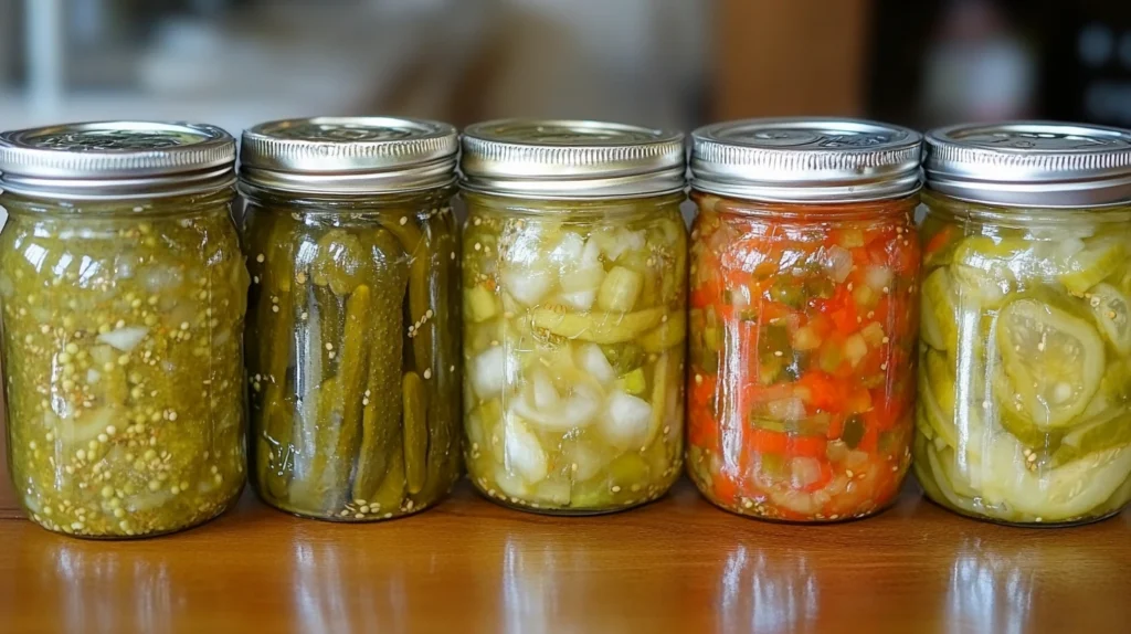 A row of glass jars filled with various colorful homemade relishes, including pickle relish and chow chow relish, arranged on a wooden table.