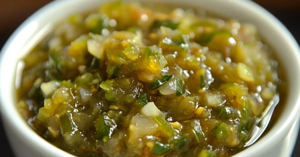 A close-up view of a vibrant green pickle relish with finely chopped vegetables, served in a small white bowl.