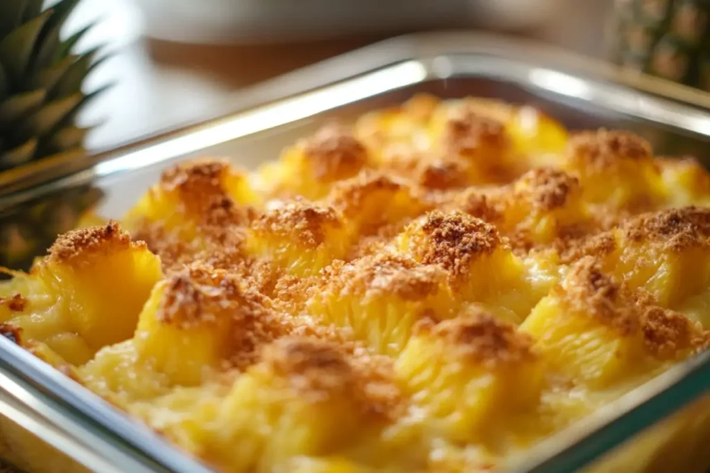 Golden pineapple casserole with a crispy breadcrumb topping in a glass baking dish, freshly baked and ready to serve.