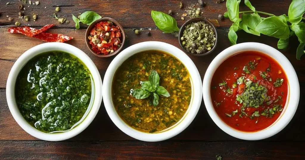 Three bowls of colorful seafood sauces – green pesto, golden herb-infused oil, and vibrant tomato basil sauce – garnished with fresh herbs and spices, surrounded by dried chili flakes and basil leaves on a wooden background.