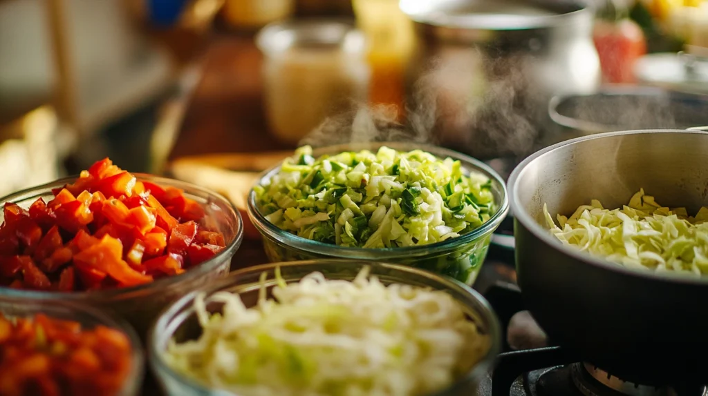 Freshly chopped vegetables including cabbage, bell peppers, and green onions in bowls, ready for making chow chow relish.