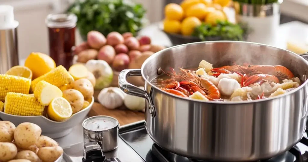 A large stainless steel pot on a stovetop filled with boiling crab boil liquid, shrimp, corn, garlic, and potatoes, surrounded by fresh ingredients like lemons, garlic, corn, and herbs on a kitchen counter.