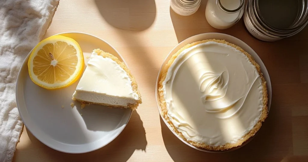 A slice of creamy cheesecake with sour cream topping next to a lemon half on a plate, and a full cheesecake with a smooth sour cream layer, surrounded by ingredients on a wooden surface with natural light.