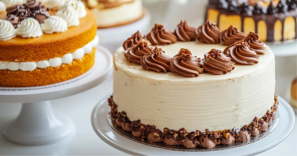 A display of cakes on stands, featuring a pumpkin cake with white cream frosting and a chocolate-decorated layered cake, showcasing different cake styles.