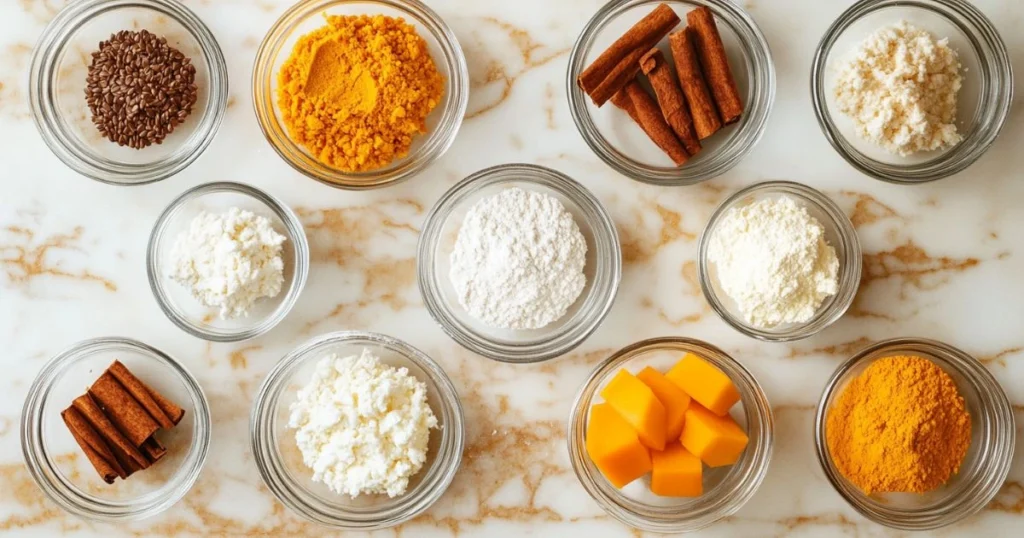 A selection of pumpkin cake ingredients arranged in glass bowls on a marble countertop, including cinnamon sticks, pumpkin puree, flour, sugar, spices, and chunks of fresh pumpkin.