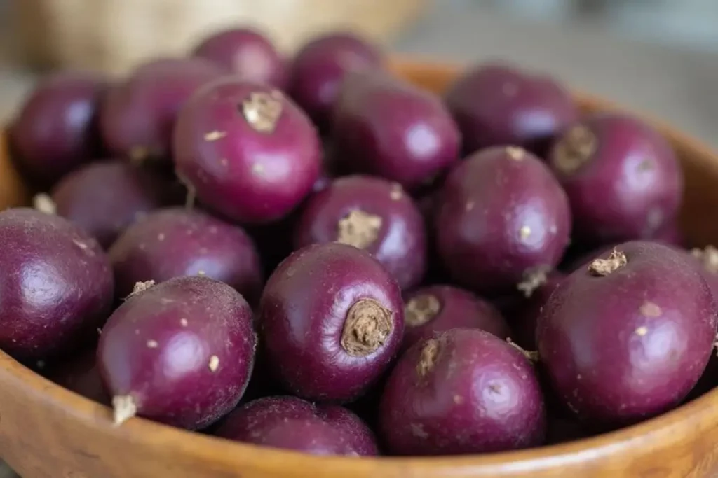 A wooden bowl filled with fresh purple potatoes, showcasing their vibrant color and smooth texture