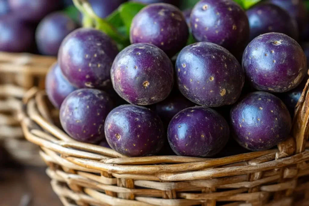 Close-up of vibrant purple potatoes on a rustic wooden table.