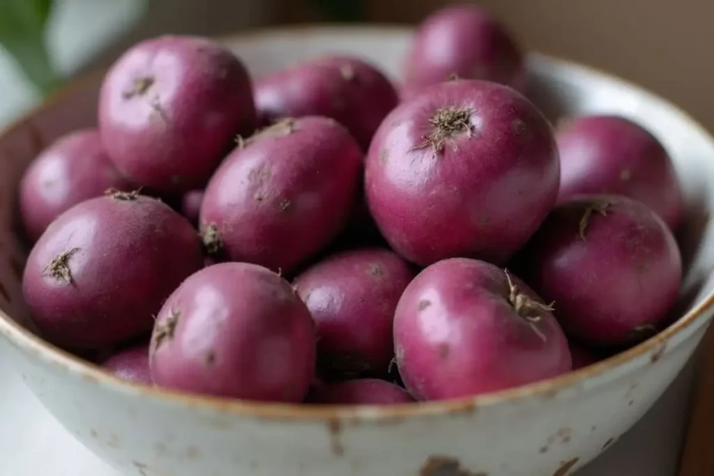 A rustic ceramic bowl filled with fresh, earthy purple potatoes