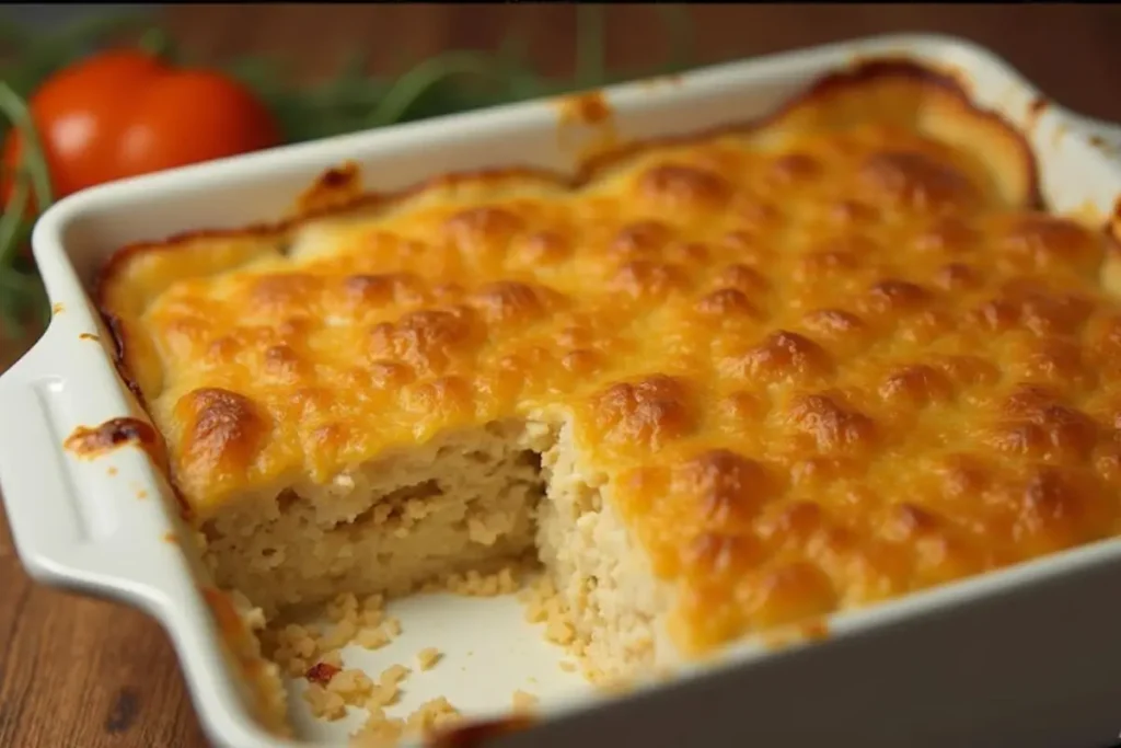 Creamy Ritz chicken casserole in a white baking dish, featuring a golden, bubbly cheese topping and a portion scooped out to reveal the layers.