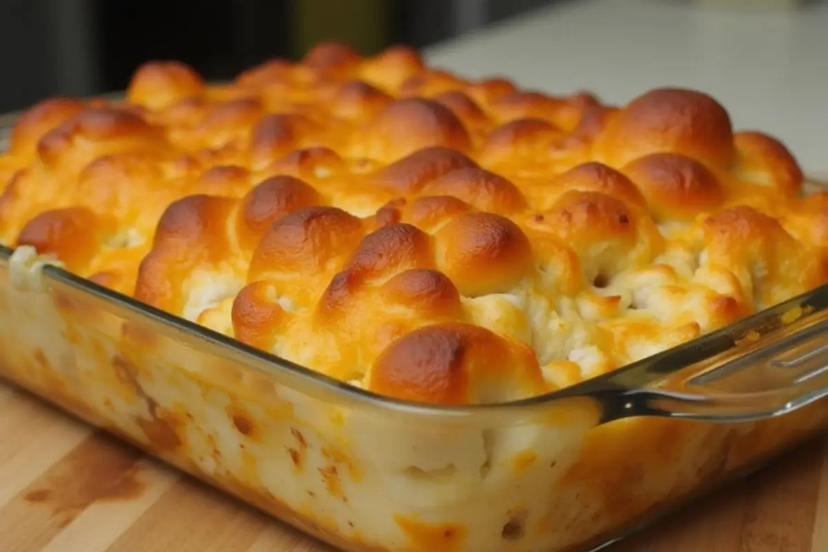 Golden brown Ritz chicken casserole with a bubbly, cheesy crust in a glass baking dish, served fresh from the oven.