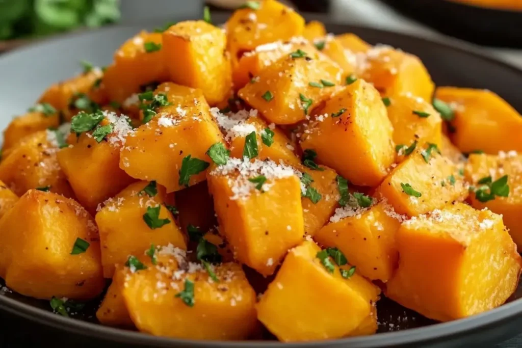 A close-up of roasted white sweet potatoes cut into cubes, garnished with fresh parsley and grated cheese, served on a black plate.