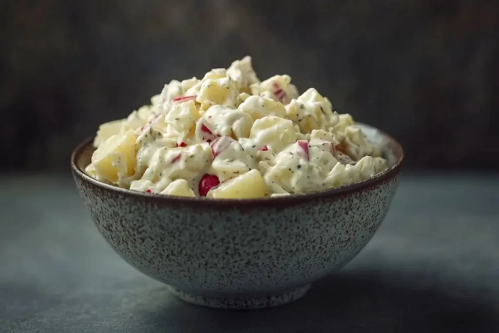 A rustic ceramic bowl filled with creamy potato salad, featuring diced potatoes, red bell peppers, and a poppy seed dressing.