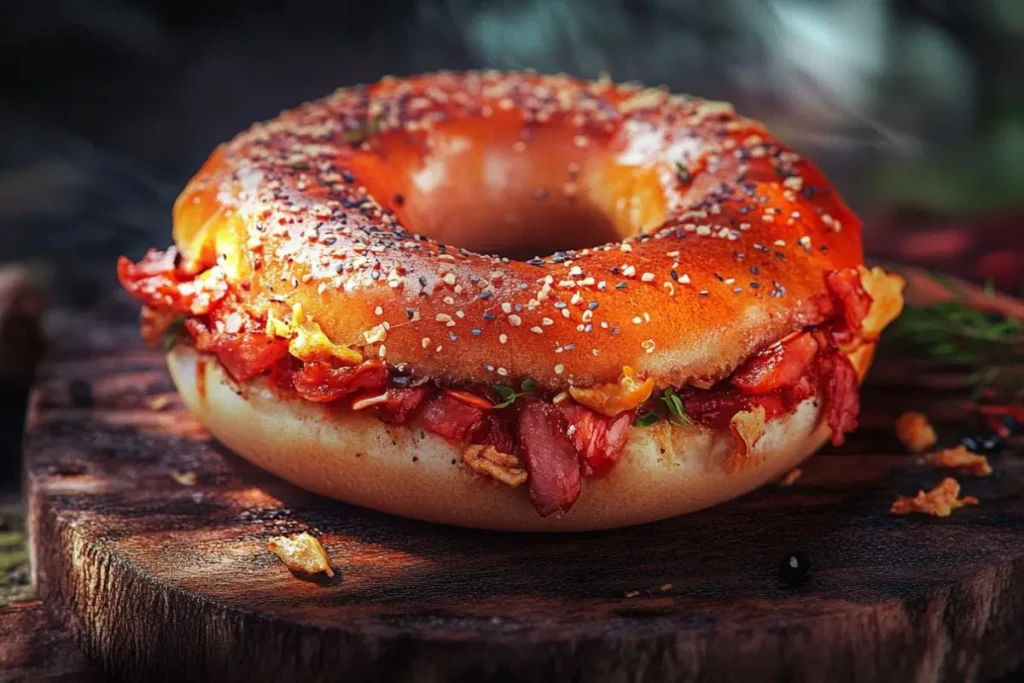 Rustic-style lox bagel with smoked salmon, herbs, and seasonings on a sesame seed bagel, served on a wooden platter.