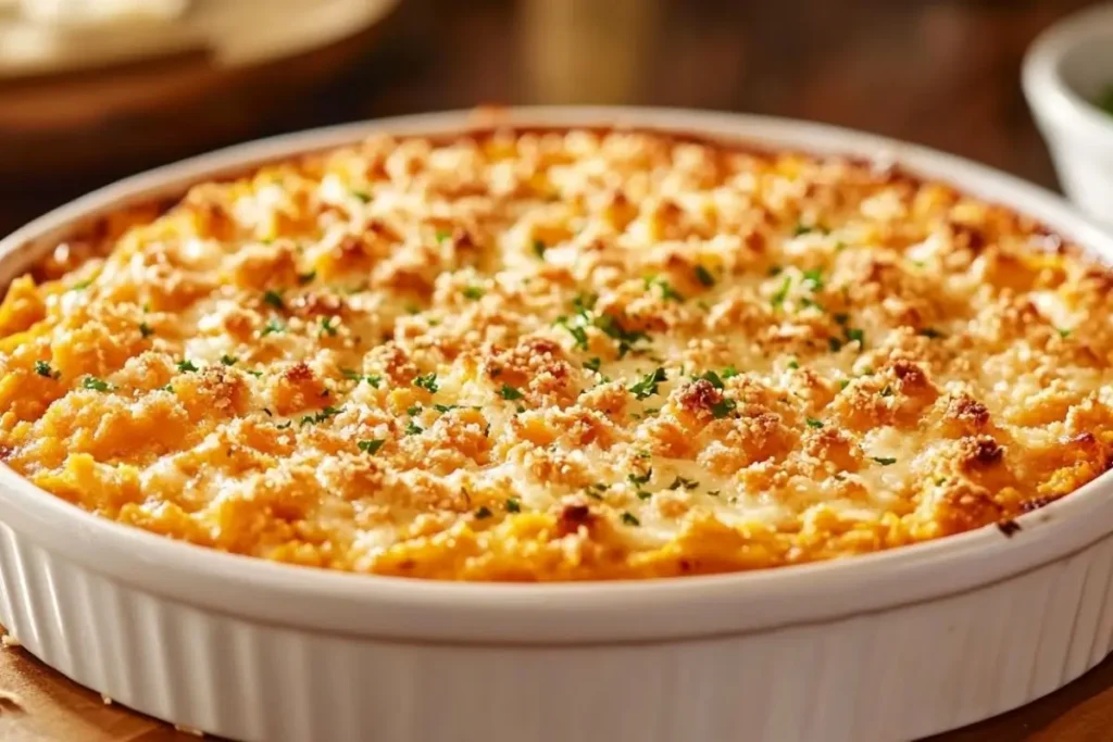 A golden-brown Ruth Chris sweet potato casserole topped with a crispy, buttery pecan crumble, served in a white ceramic dish.