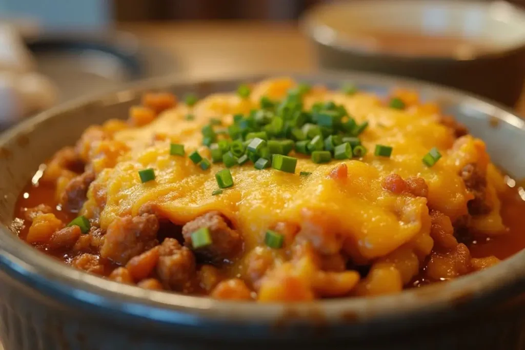 A bowl of Cattle Drive Casserole topped with melted cheese and fresh chopped chives.