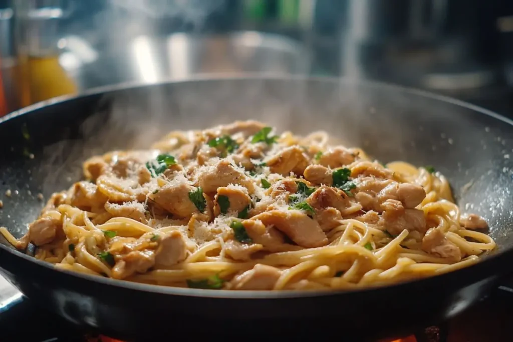 A steaming skillet of garlic Parmesan chicken pasta garnished with fresh parsley and grated Parmesan cheese.