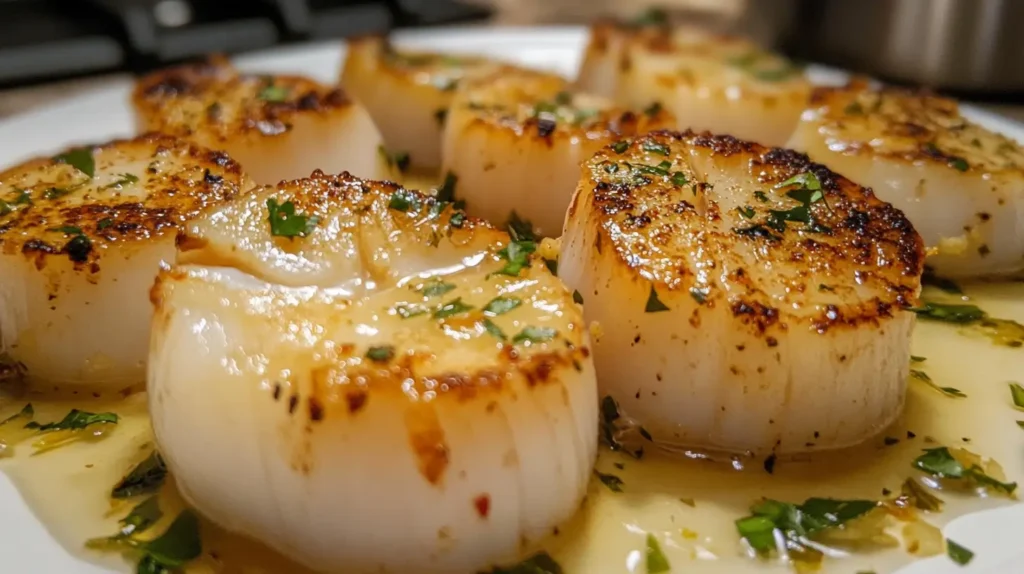 Close-up of perfectly seared scallops garnished with fresh parsley and served in a buttery sauce.