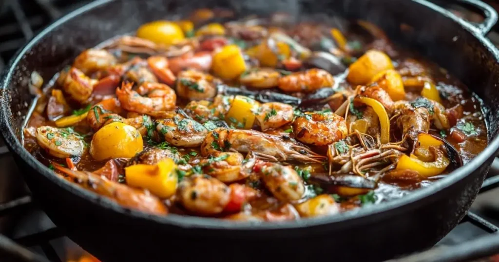 A vibrant seafood boil featuring shrimp, mussels, sausage, and bell peppers in a Cajun or Creole-style sauce, garnished with fresh herbs and served in a cast iron skillet.