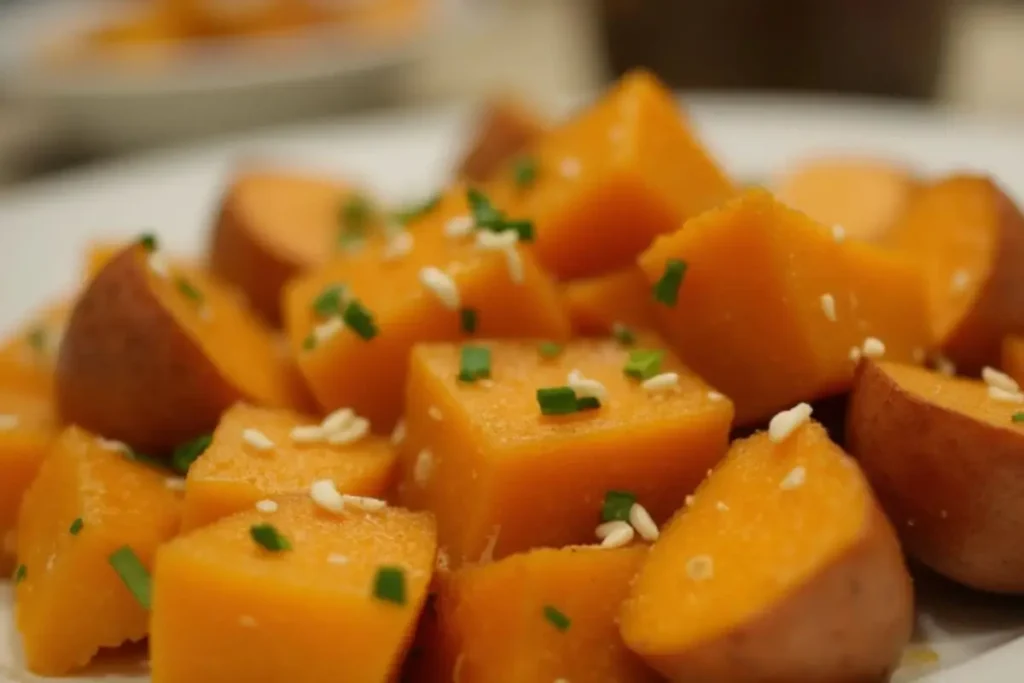 White sweet potato cubes with skin-on pieces, garnished with sesame seeds and fresh chopped green herbs.