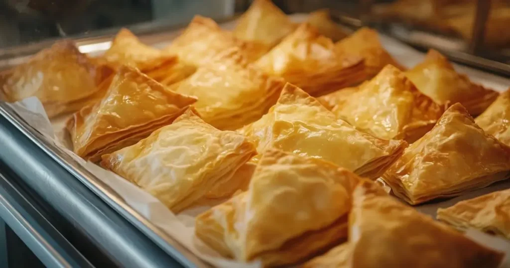 Golden, crispy triangle-shaped Spanakopita pastries displayed on a tray, showcasing layers of flaky phyllo dough.