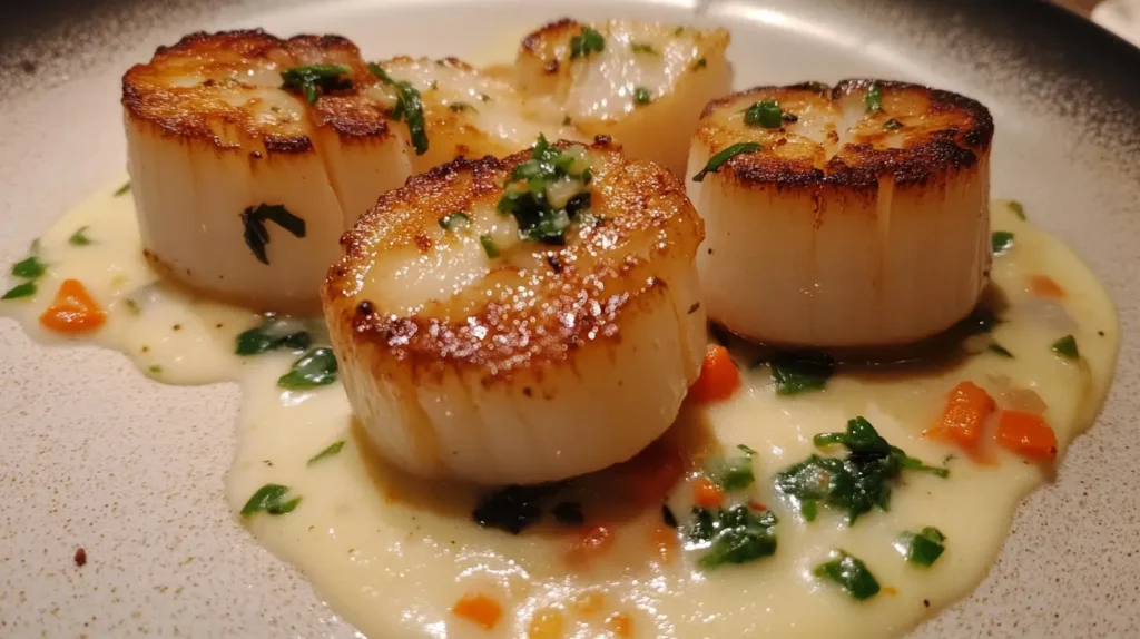 Seared scallops served on a creamy vegetable sauce, garnished with fresh parsley.