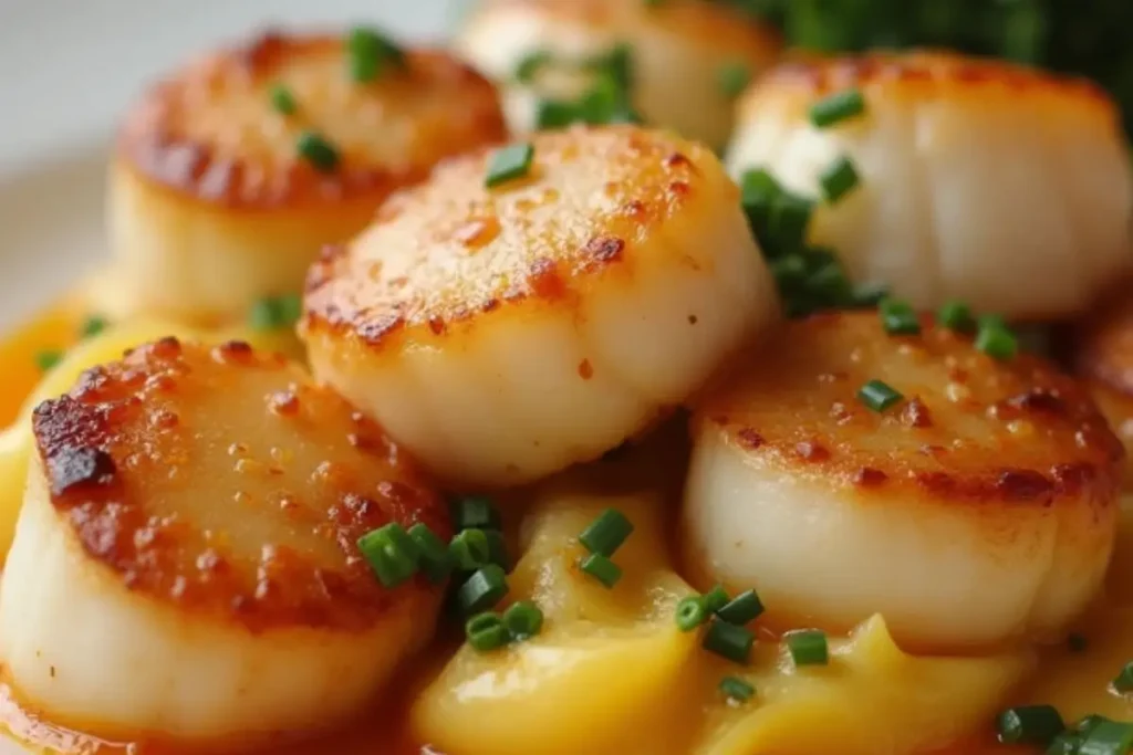 Seared scallops garnished with fresh chives, served over a bed of creamy pasta with a Spanish-inspired sauce.