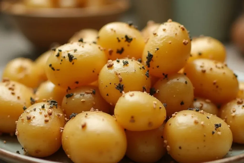 Steamed Yukon Gold potatoes garnished with crushed black pepper and herbs on a plate.