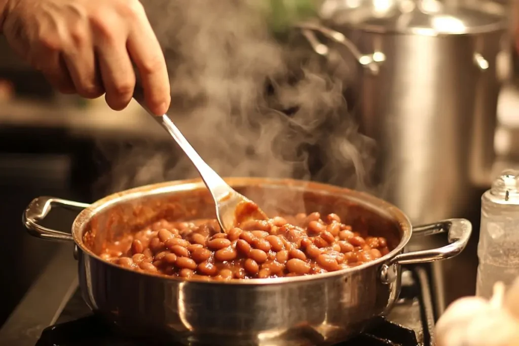 A hand stirring steaming baked beans in a stainless steel pan on the stovetop, with a rich tomato-based sauce.