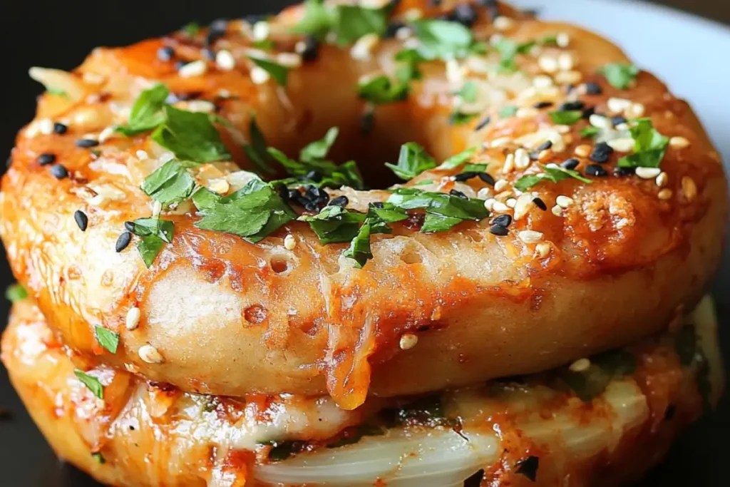 A stack of better bagels with creamy cream cheese spread.