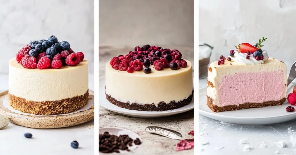 Three traditional cheesecake variations: a classic cheesecake with fresh berries, a rich cheesecake with a chocolate crust and mixed berry topping, and a layered cheesecake with pink filling and whipped cream garnished with strawberries and blueberries.