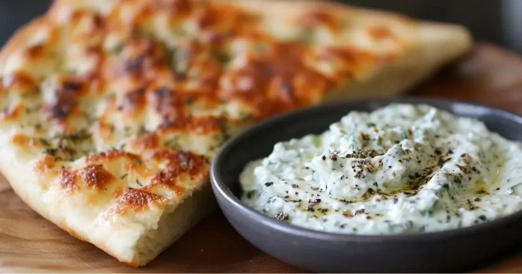 A close-up of creamy Tzatziki dip garnished with olive oil and herbs, served in a black bowl alongside freshly baked golden brown flatbread.