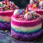 Colorful unicorn-inspired layered cakes with vibrant purple, blue, pink, and cream hues, topped with meringue swirls, candy sprinkles, and edible decorations.