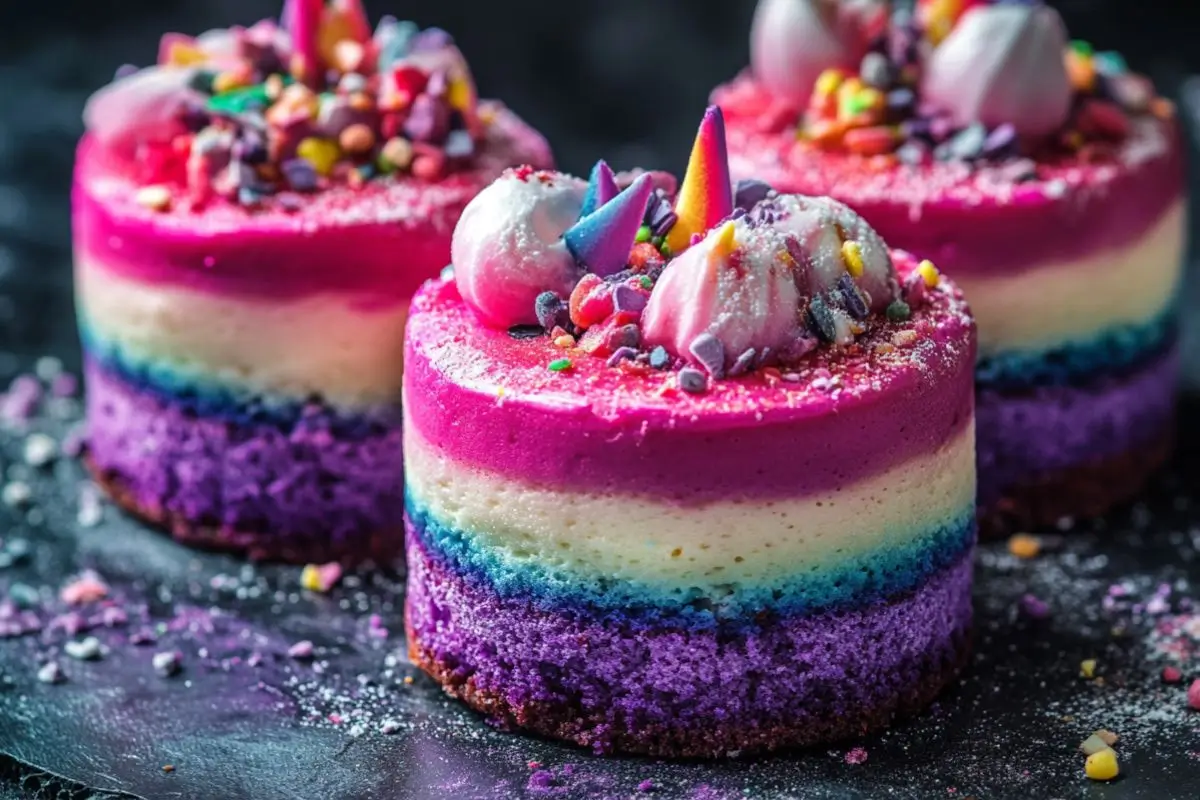 Colorful unicorn-inspired layered cakes with vibrant purple, blue, pink, and cream hues, topped with meringue swirls, candy sprinkles, and edible decorations.