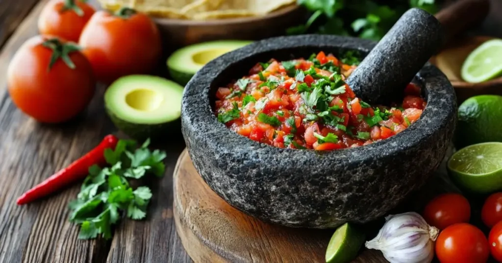 A traditional molcajete made from volcanic stone, filled with freshly prepared salsa garnished with cilantro. Surrounding the molcajete are fresh ingredients such as tomatoes, avocados, garlic, lime, chili peppers, and herbs on a rustic wooden table.