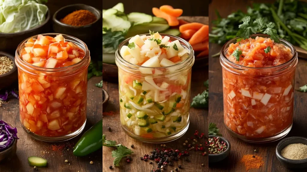 Three jars of Chow Chow variations: Sweet Chow Chow with apple and pear chunks, Spicy Chow Chow with hot peppers, and Low-Sugar Chow Chow featuring vibrant vegetables, surrounded by fresh ingredients and spices on a rustic wooden table.