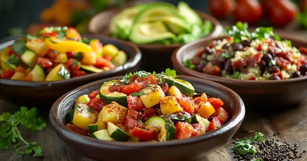 A display of three variations of the calabacitas recipe in rustic bowls: a vegan version with avocado, a protein-packed version with black beans and quinoa, and a classic sautéed vegetable mix with zucchini, squash, tomatoes, and peppers.